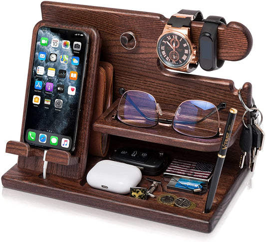 Elegant Wood Phone Docking Station - The Ultimate Desk and Nightstand Organizer - Perfect Gift for Men on Birthdays, Anniversaries, and Special Occasions in Bourbon Brown